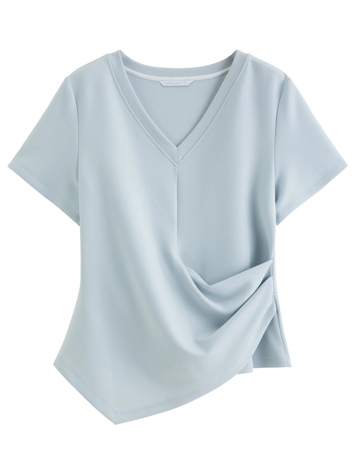 T-shirt femme asymétrique plissé — taille définie, printemps 2026, col en V, manches courtes