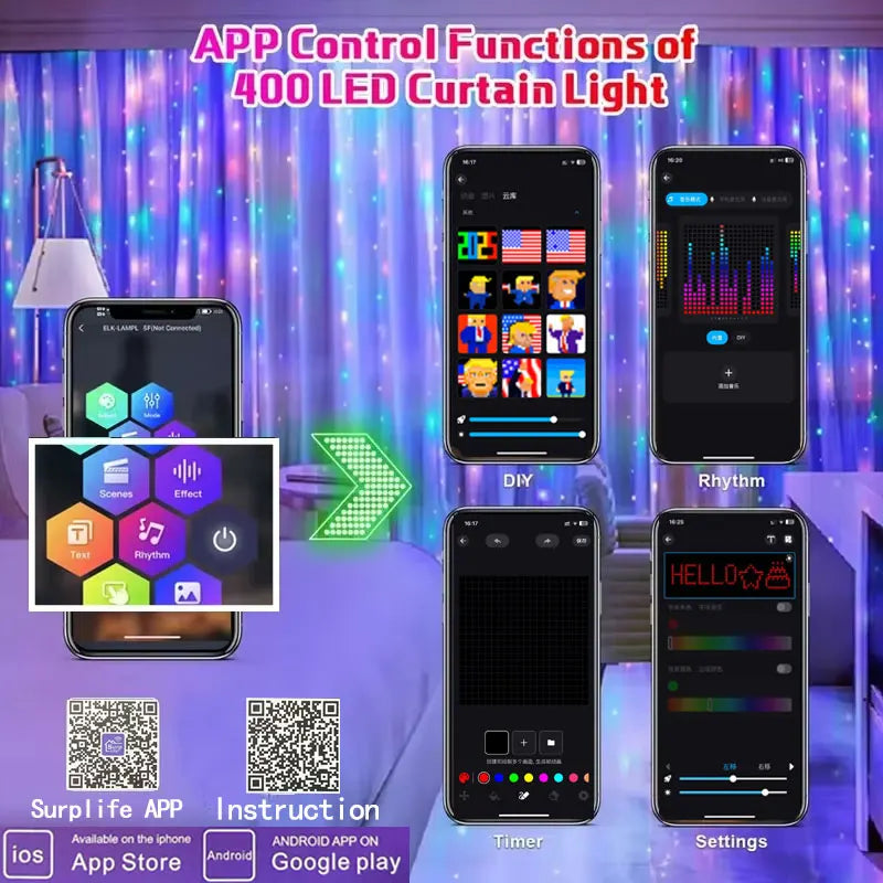 Cortina de luces LED inteligente, guirnalda de Año Nuevo, guirnalda de luces de hadas RGB, pantalla de cambio de música, para ventana, decoración navideña