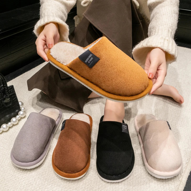 Pantuflas cálidas de invierno para hombre, zapatos antideslizantes suaves y cómodos de tacón plano para casa, pantuflas de felpa para dormitorio, zapatos de mujer para casa.