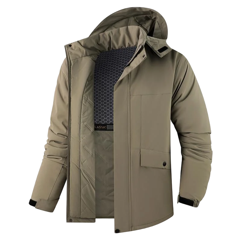 Men's thick waterproof winter jacket, windproof, detachable hood, multi-pockets, work windbreaker, Safari
