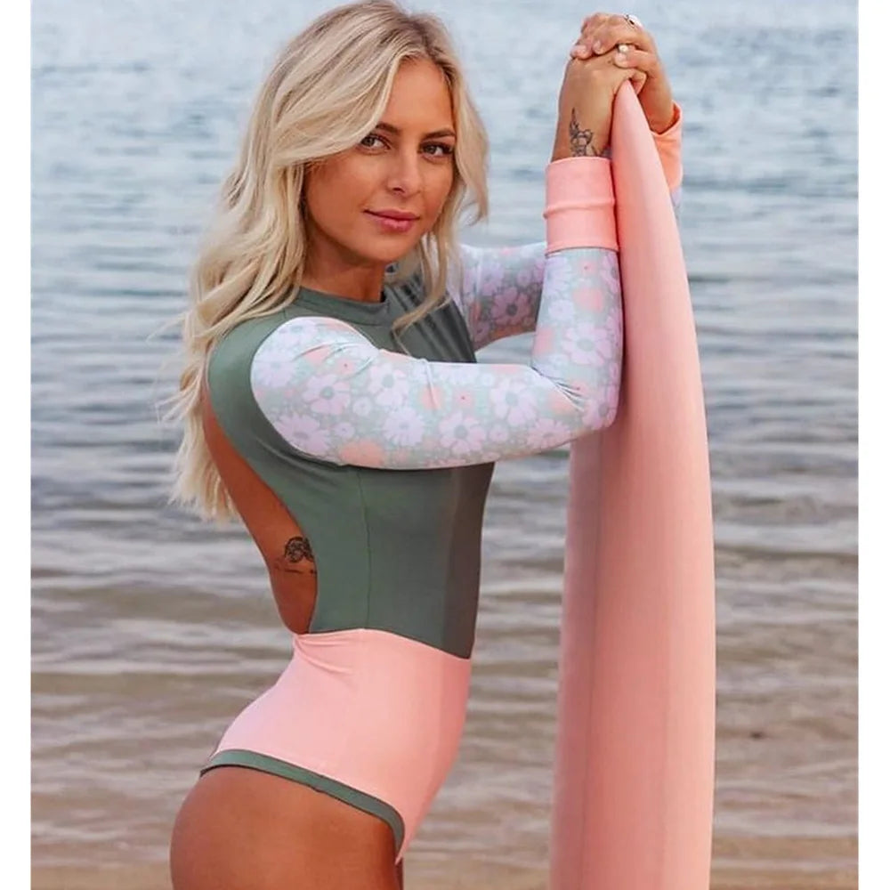 New Patchwork One Piece Swimsuit Long Sleeve Backless Sport Swimwear Women's Swimming Bodysuit Beachwear Bather Surfing