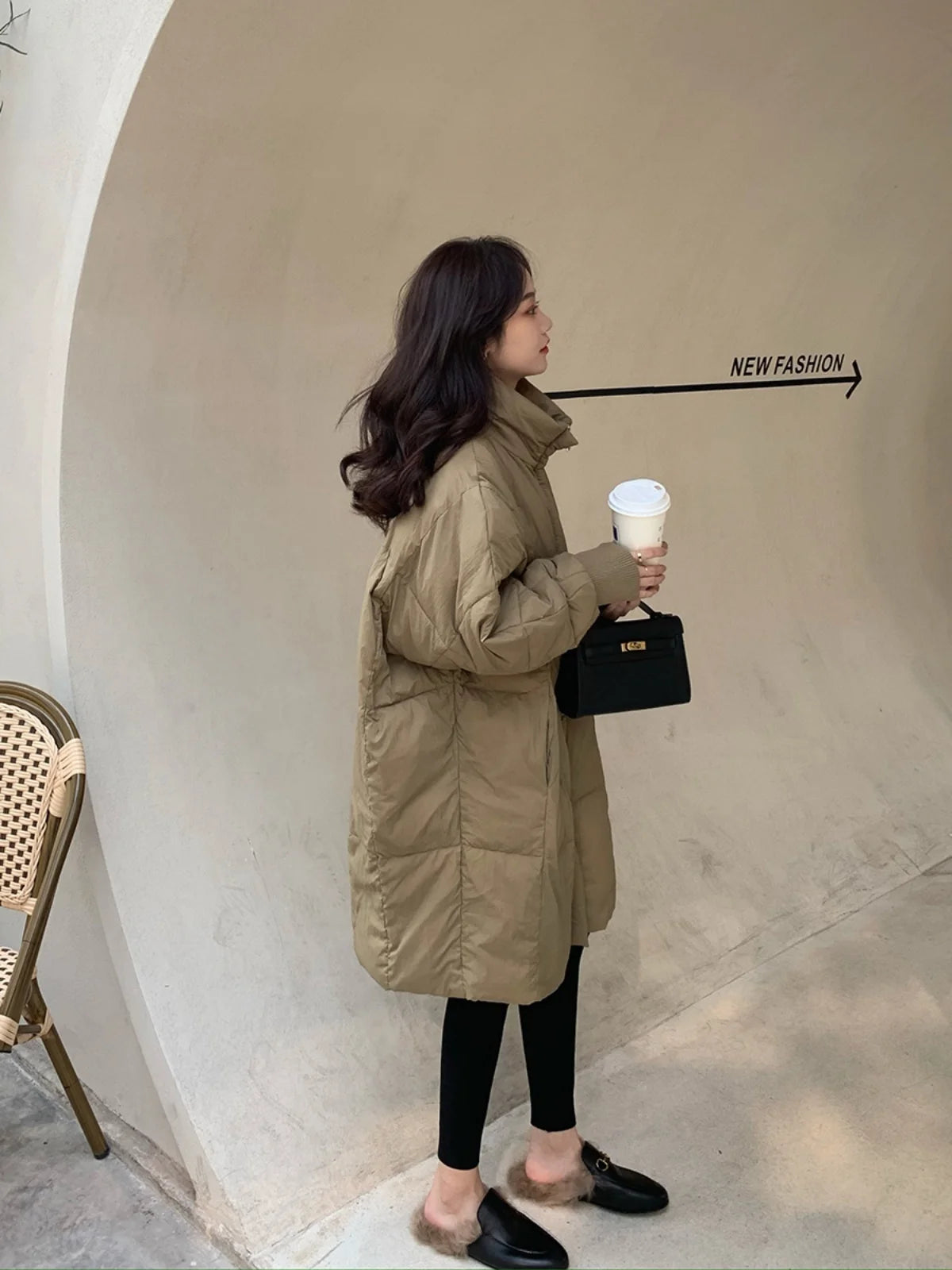 Manteau d'hiver décontracté en coton pour femme, coupe ample coréenne, longueur moyenne, style Hong Kong, vêtement d'extérieur tendance