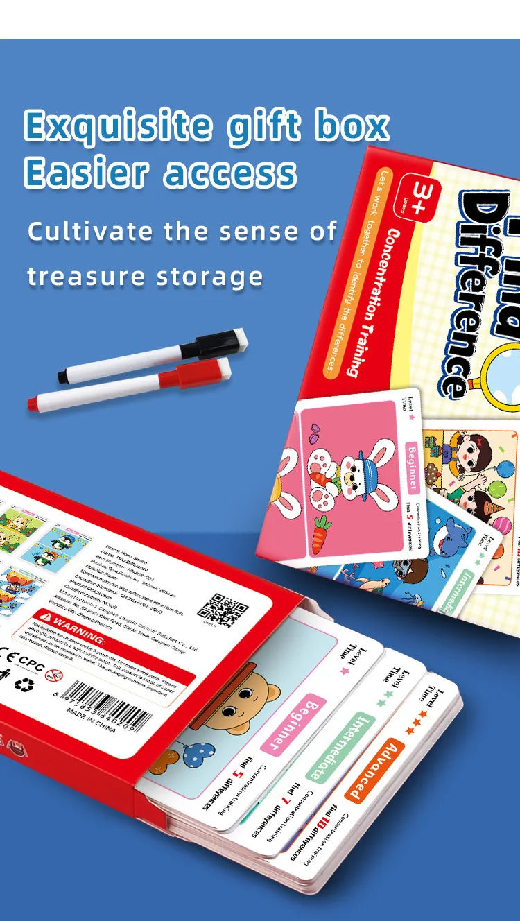 Juego de cartas educativo y reutilizable de dibujos animados para niños Encuentra las diferencias Encuentra niveles de dificultad para entrenar la atención y la concentración