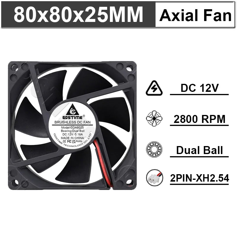 Ventilateur de refroidissement Gdstime 8025 2 broches 48V DC 5V 12V 24V 80mm, ventilateur axial USB à double roulement à billes 80x80x25mm, ventilateur de refroidissement pour boîtier PC 8CM