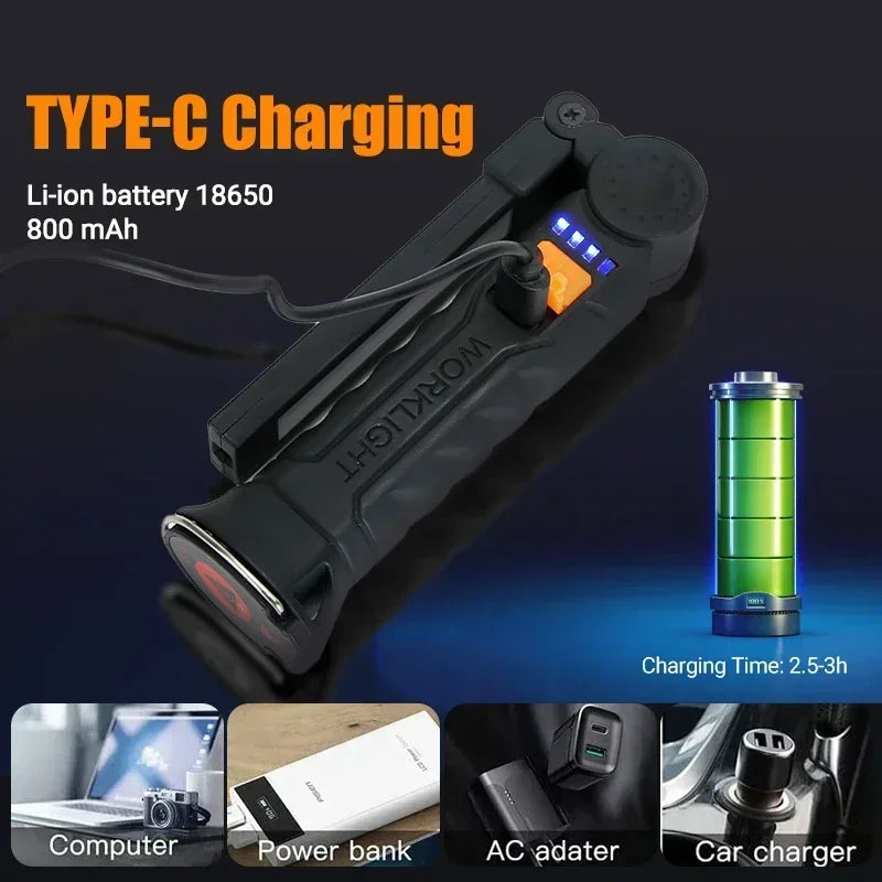 Lampe de Poche LED COB Portable, Rechargeable par USB, Lanterne Magnétique de Travail, avec Batterie spatirée, Torche de Camping