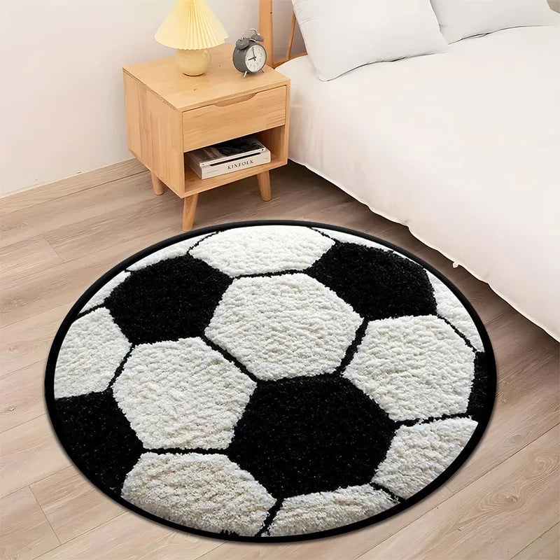 Tapis Rond Motif Ballon de Football Noir & Blanc — Polyester Antidérapant, Décoration Intérieure 40–150 cm
