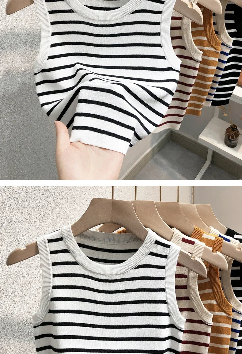 Débardeurs rayés tricotés sans manches pour femme, collection Printemps-Été 2026, style crop top, coupe ajustée élastique, décontracté, pull-over, camisole