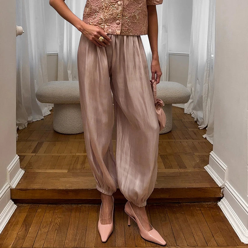 Linad élégant rose crêpe ample Bloomers pour femme rue Chic plissé pantalon femme automne Vintage taille haute pantalons longs 2025
