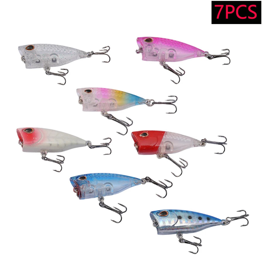 Ensemble de 7 leurres de pêche Mini Popper Crankbaits, yeux 3D, appâts durs, kit de leurres artificiels, wobblers pour la pêche à la traîne, brochet, surface de l'eau, swimbaits