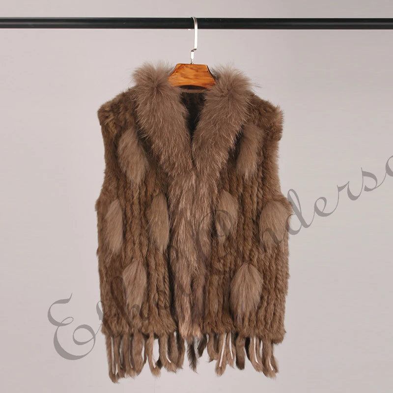 ETHEL ANDERSON – Chaleco con borlas de piel de conejo auténtica, chaleco de punto de alta calidad, vintage, de piel de mapache, ropa de abrigo