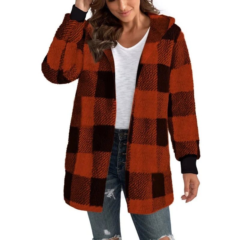 Women's Plaid Double Fleece Cardigan, Soft Loose Long Sleeve Plush Warm Hooded Jacket, Patchwork Outerwear Coat, Autumn Winter