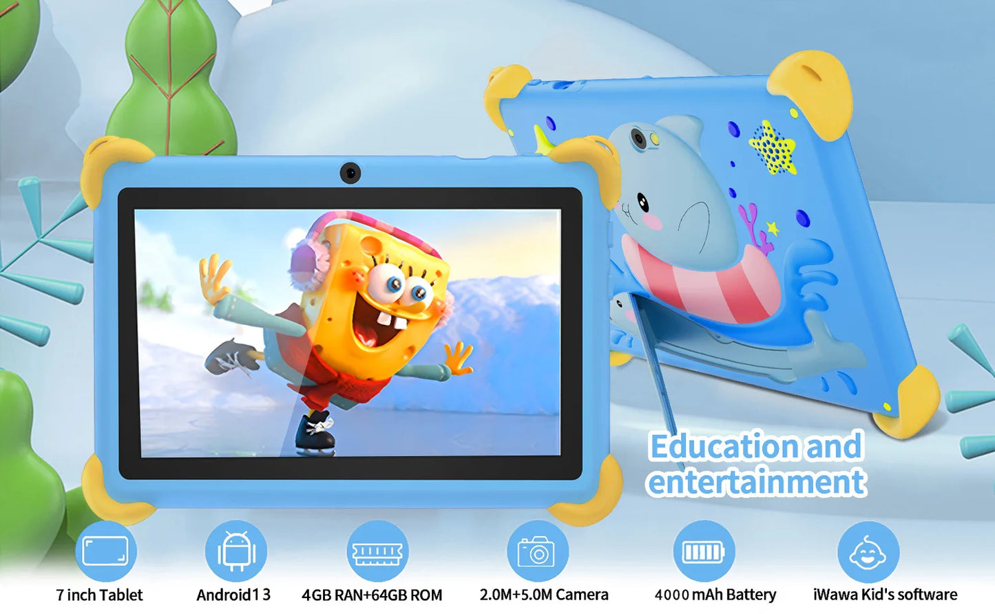 Tableta infantil de 7 pulgadas 5G con diseño de dibujos animados, PC de aprendizaje y educación Android con funda a prueba de niños, tableta de 4000 mAh