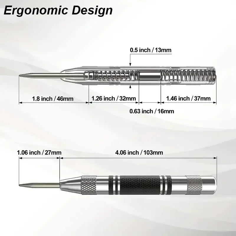 Automatic center punch, hole marker, wood, metal, steel, spring-loaded, drill locator, heavy-duty punch, carpentry, automatic hand tool
