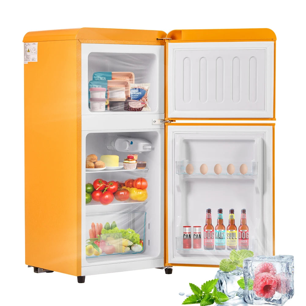Combinaison réfrigérateur-congélateur rétro 45,5 cm de large, 2 portes 60 litres de volume total, volume de congélateur 22 litres. 102 KWh/année,