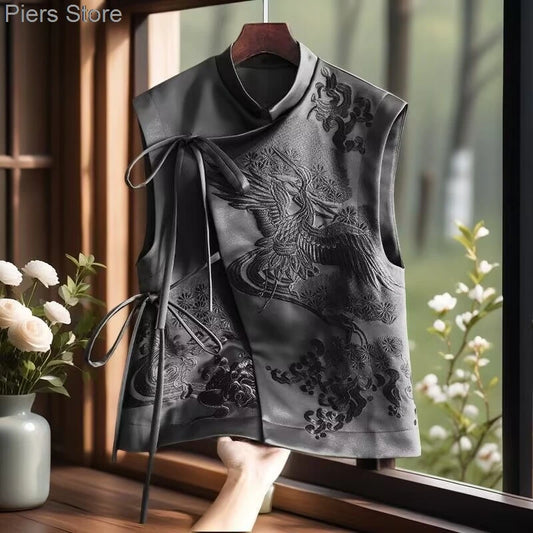 Camisetas de tirantes étnicas vintage para mujer, blusa Hanfu estampada de estilo chino, ropa tradicional china, traje Tang, camisa tipo chaleco, nuevo