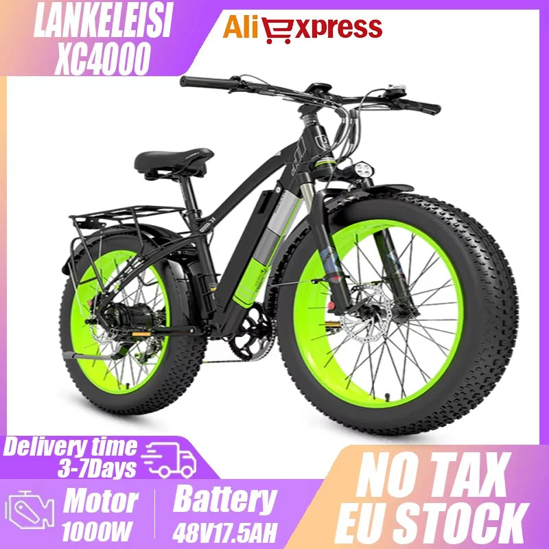 Electric Bicycle Adult Fat Tire Electric Bike, 1000W Motor, 17.5AH Battery, 7 Speed, Hydraulic Disc Brakes, XC4000
