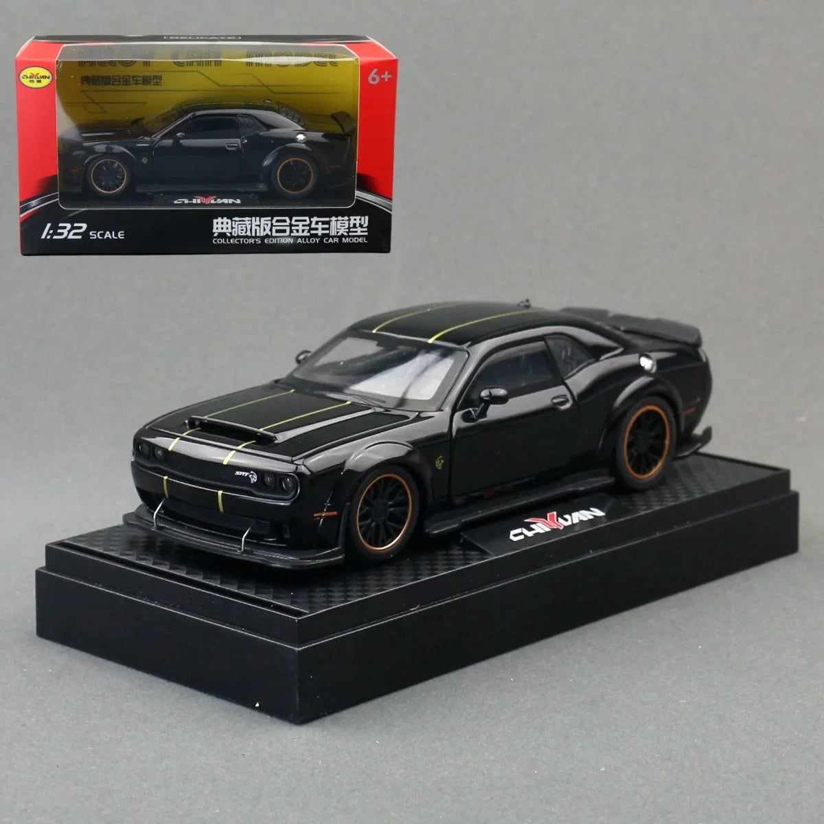 Modelo de coche de aleación Dodge Challenger Hellcat SRT 1:32 con sonido y luz, vehículo de juguete de metal con retrofricción, regalo para niño, colección en miniatura