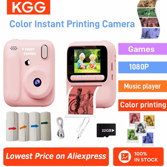 Instant Camera for Kids, Color Printing, 32GB, 1080P, Thermal Print Toy, Photo, Video Games, Music, Children's Gift