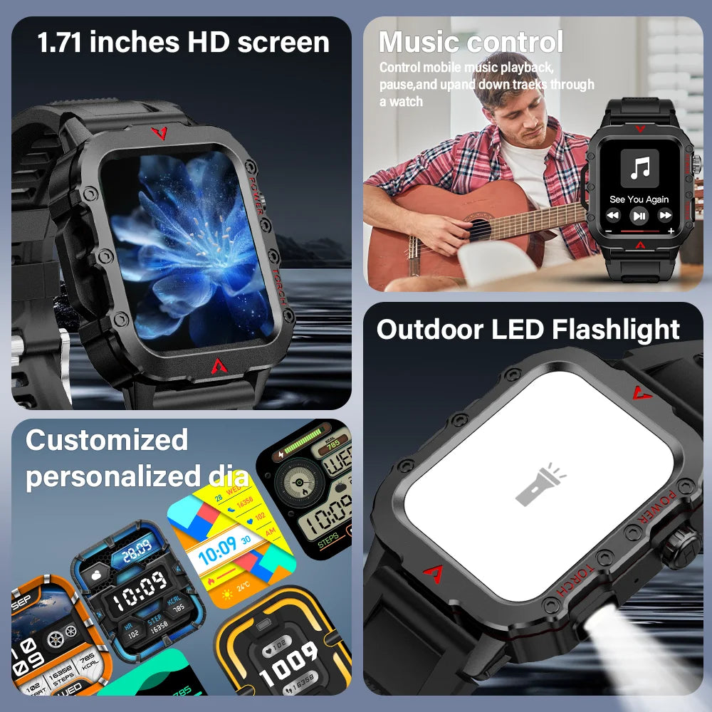 LAXASFIT nuevo reloj inteligente para hombre con linterna LED, reloj inteligente deportivo para exteriores, reloj de pulsera con monitoreo de salud