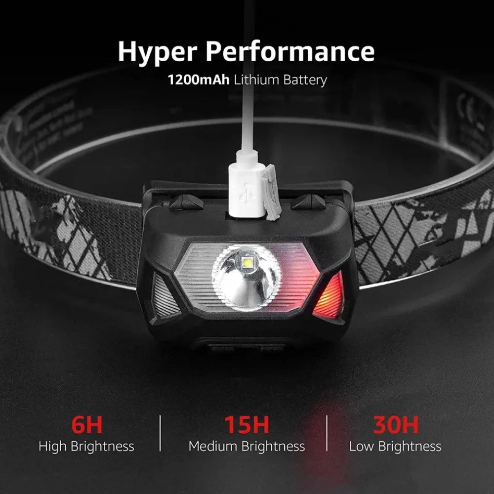 6 Modes Usb lampe frontale Rechargeable IPX4 étanche phares lampes de poche lampe frontale LED avec lumière rouge verte pour la pêche en plein air