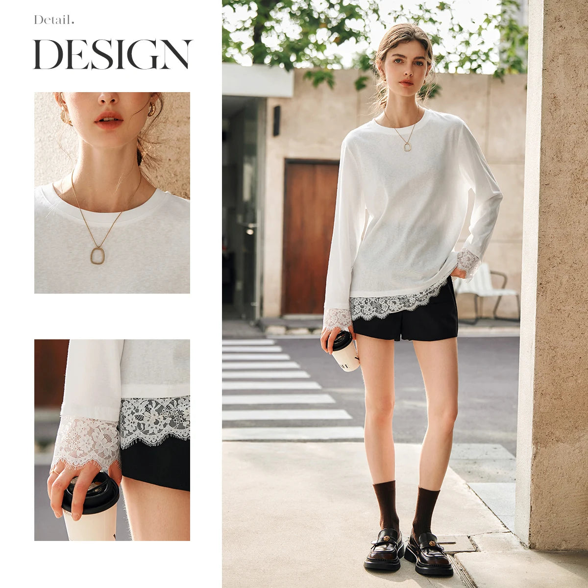 T-shirt femme en coton blanc automne 2026 — décontracté, ample, col rond, manches longues en dentelle