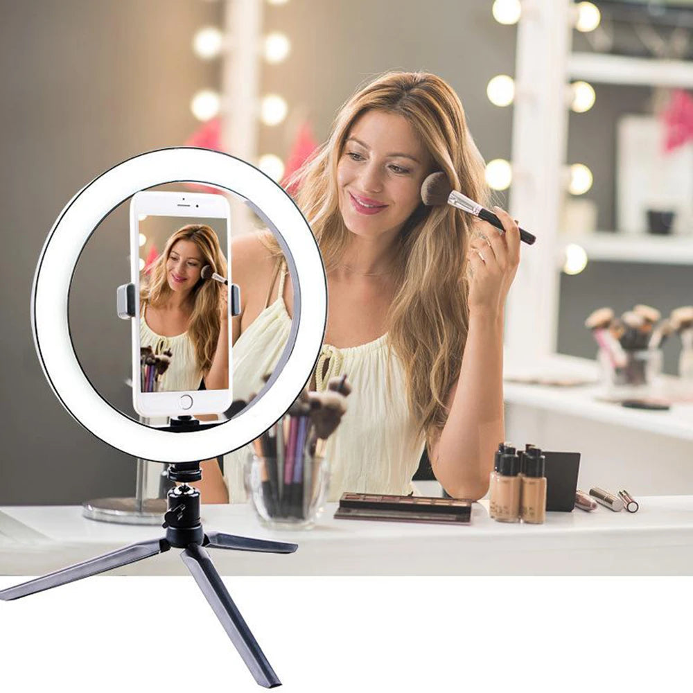 Anneau Lumineux LED Selfie 26cm 120 Perles avec Trépied — Kit Éclairage USB Vidéo