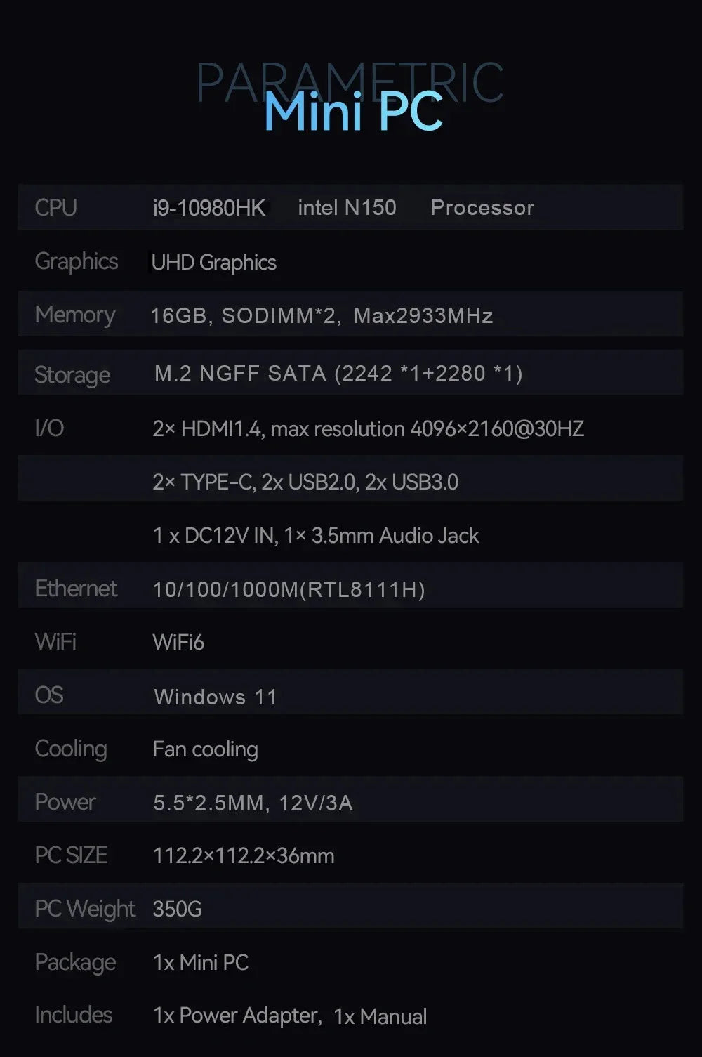 Mini PC Intel Core i9-10980HK / N150 Windows 11 — 16/32 Go RAM, SSD 256Goà 2To, WiFi 6, 4K