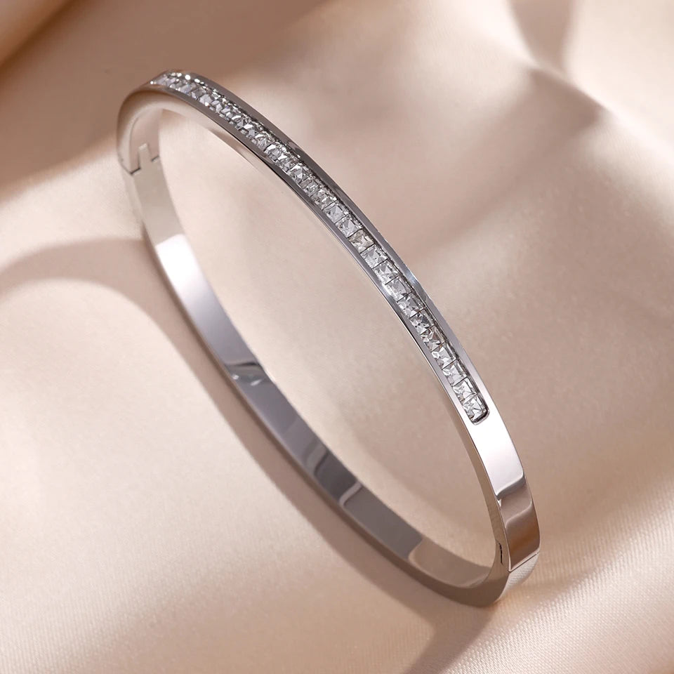 ZAKOL 5/1 Pcs Set Stainless Steel Bracelet with Sparkling Zirconia Inlaid for Women Stackable Bracelets Fashion Non-Fading Jewelry Gift