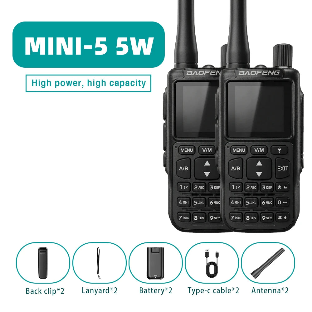 Mini talkie-walkie Baofeng MINI-5, double bande UV, Bluetooth, FM, sélection de fréquence à un bouton, idéal pour les voyages.