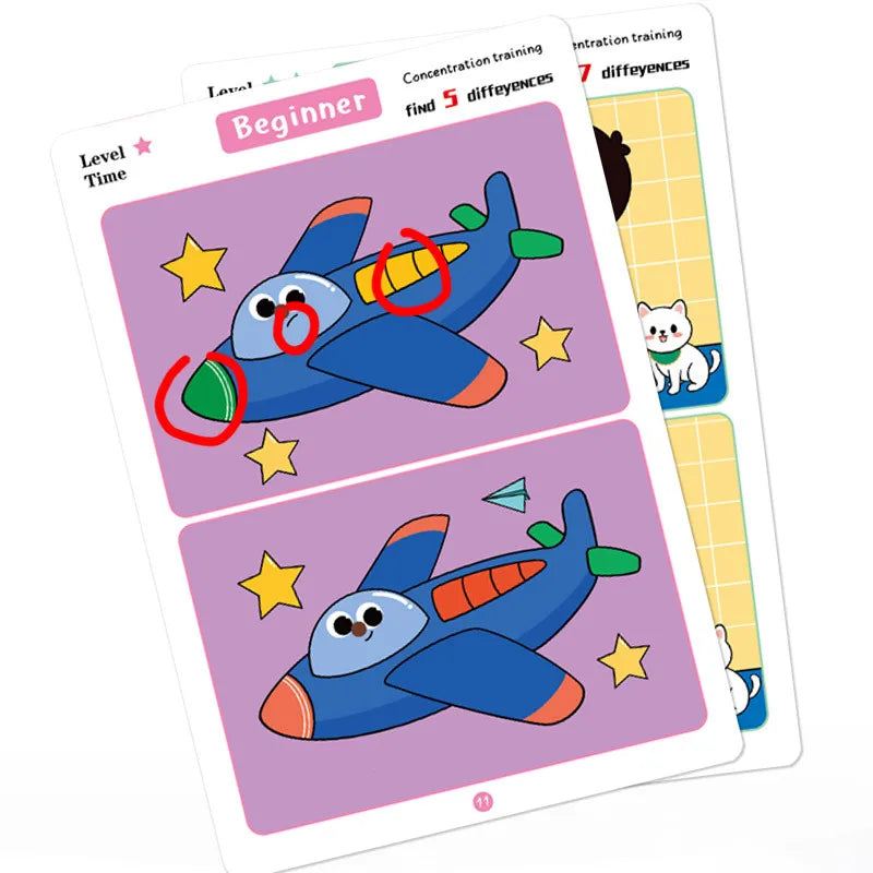 Juego de cartas educativo y reutilizable de dibujos animados para niños Encuentra las diferencias Encuentra niveles de dificultad para entrenar la atención y la concentración