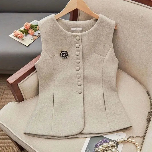 Gilet slim fit pour femmes en laine abricot — automne/hiver, vêtements d'extérieur, style coréen, 2025