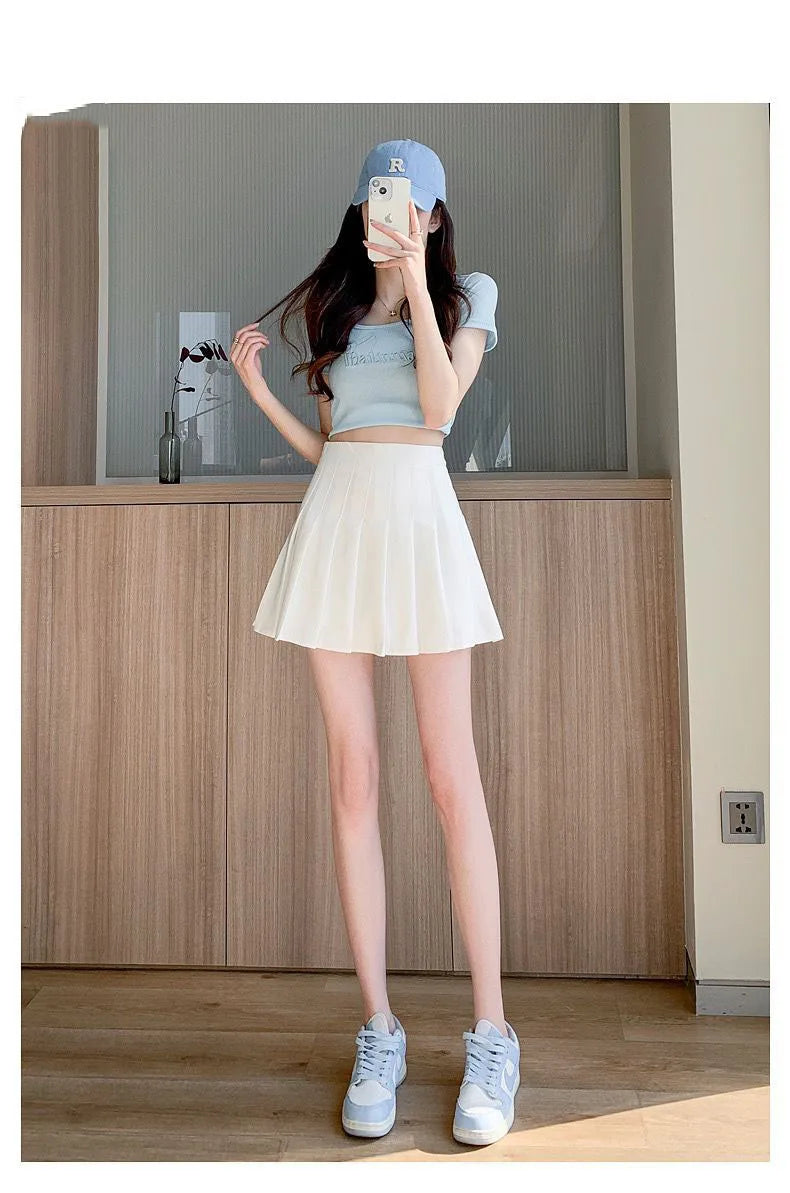 Mini jupe plissée avec short pour femmes, taille haute, ligne a, jupe patineuse, blanc, noir, rose, uniforme scolaire sportif, nouvelle mode, offre spéciale