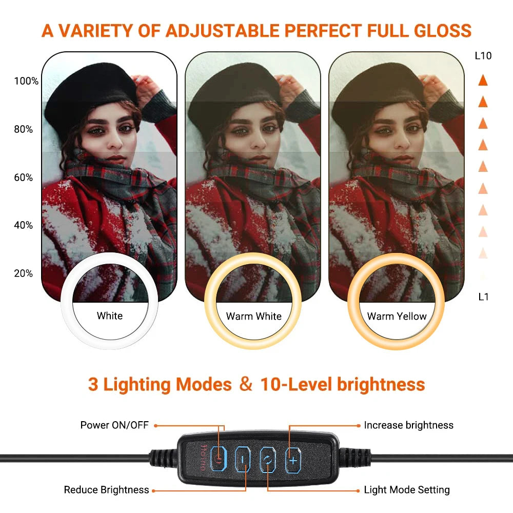 Anneau Lumineux LED Selfie 26cm 120 Perles avec Trépied — Kit Éclairage USB Vidéo