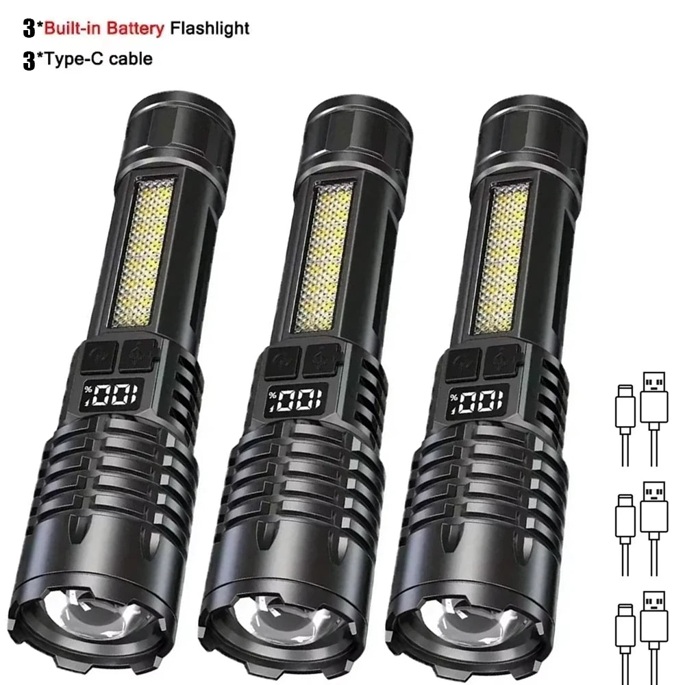 High Power LED Flashlight, Type-C Rechargeable Waterproof Torch with COB Side Light, Portable Zoom Outdoor Lamp for Camping and Hiking