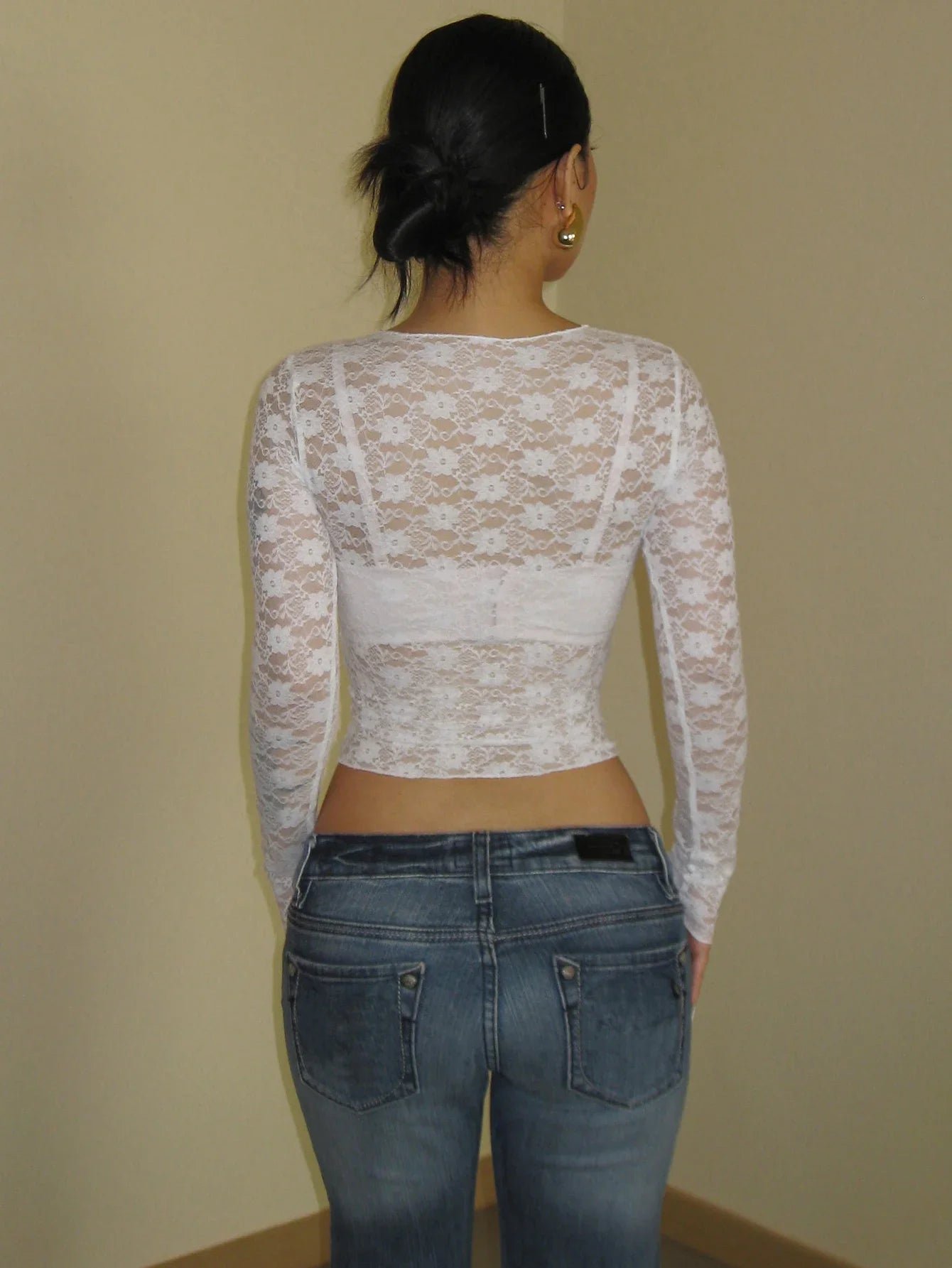 Mooyufon Camiseta de manga larga transparente de encaje corta ajustada y sexy para mujer, para fiesta, discoteca, otoño e invierno