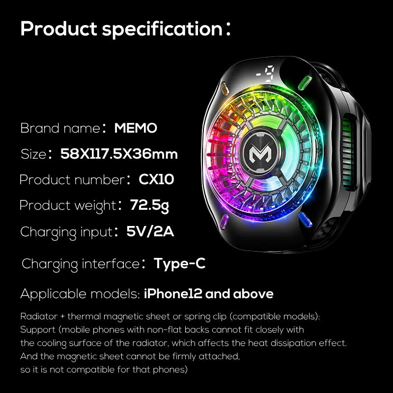 MEMO CX10 — Refroidisseur Téléphone Semi-Conducteur Clip Magnétique LED RGB