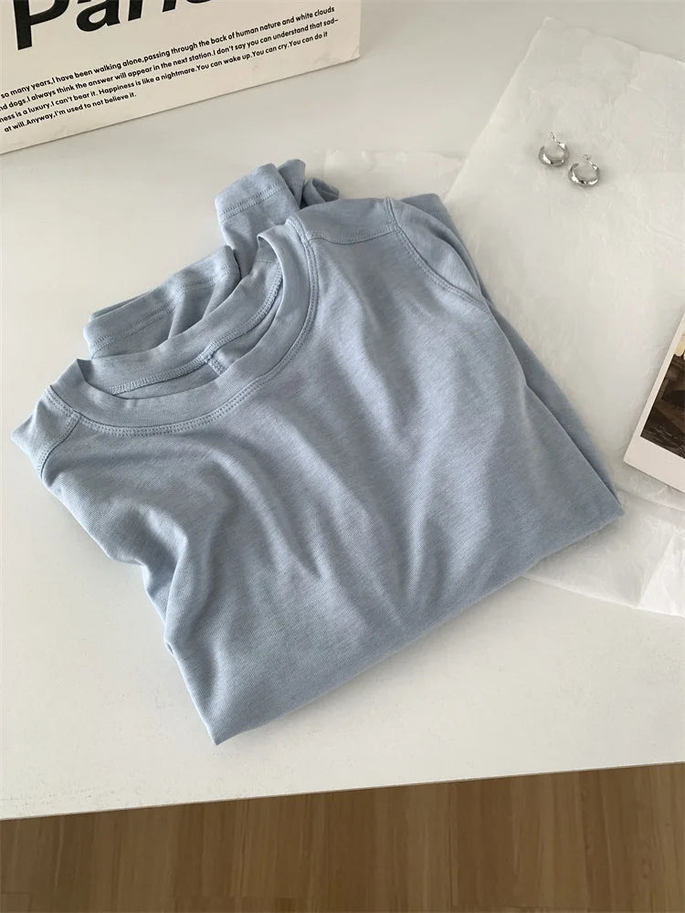 Camiseta de manga larga para mujer, de seda y lana empalmada, top fino, suave, ceroso, de color liso, para primavera y verano.