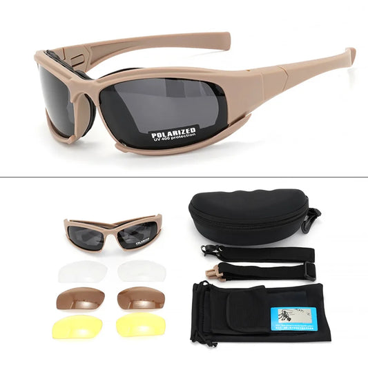 Nouvelles lunettes tactiques à 4 lentilles-lunettes de sécurité polarisées coupe-vent et anti-poussière pour les Sports de plein air (escalade, cyclisme, pêche)
