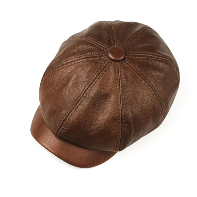 Men's Retro Brown Hats, Warm Genuine Leather Cap, Painter Beret, High-Quality Cowhide Octagonal Boina, Spring/Winter 100%