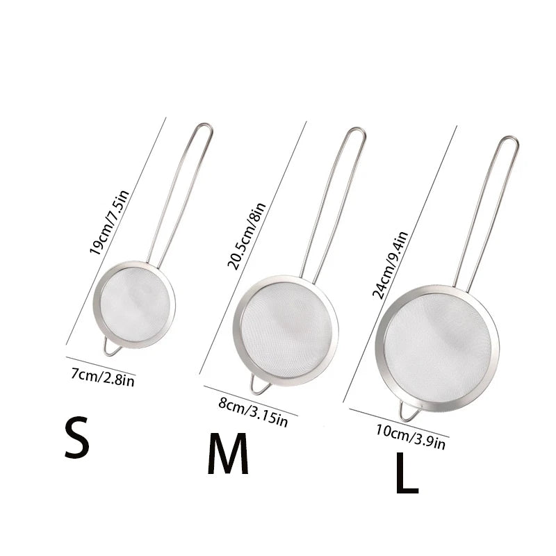 Colador de malla fina de acero inoxidable, con mango y gancho resistentes, tamiz para jugo de leche de soja, utensilios de cocina, 3 piezas