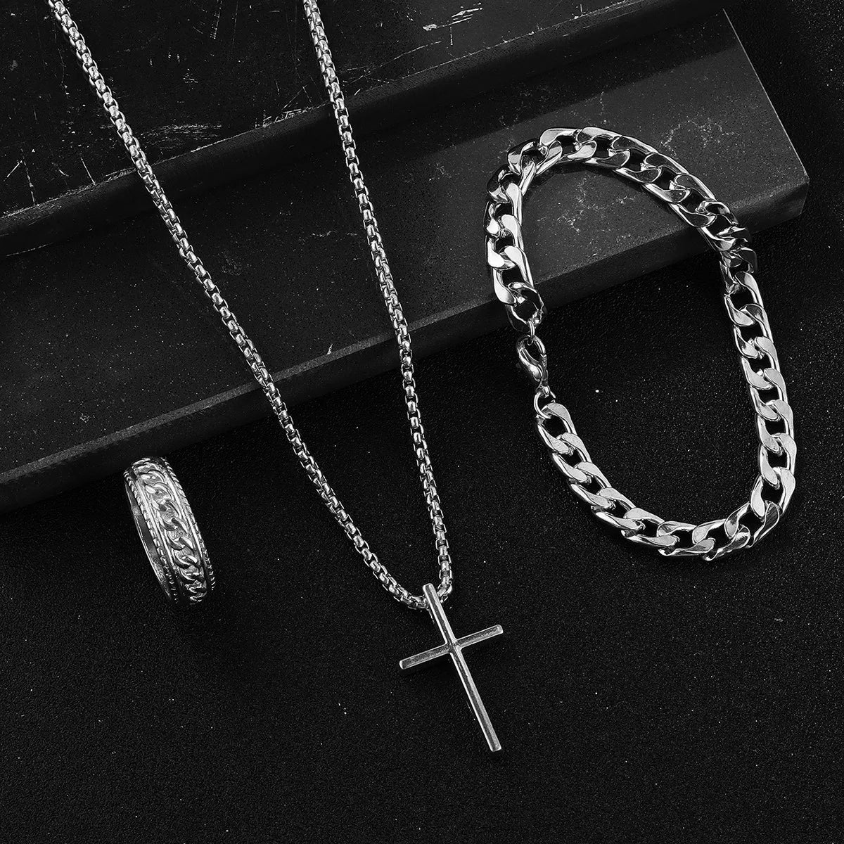 Best Seller New 3-Piece Cross Jewelry Set | Chain Bracelet Ring Necklace | Fashion Religious Accessories for Women and Men, Daily and Gift