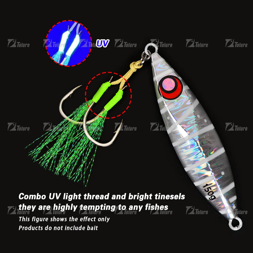 TOLU 10 pièces crochets d'assistance de queue de gabarit en métal 13-22 #   Avec ligne PE plume anneau solide gabarits uv hameçon pour 10-120g leurre crochets de pêche