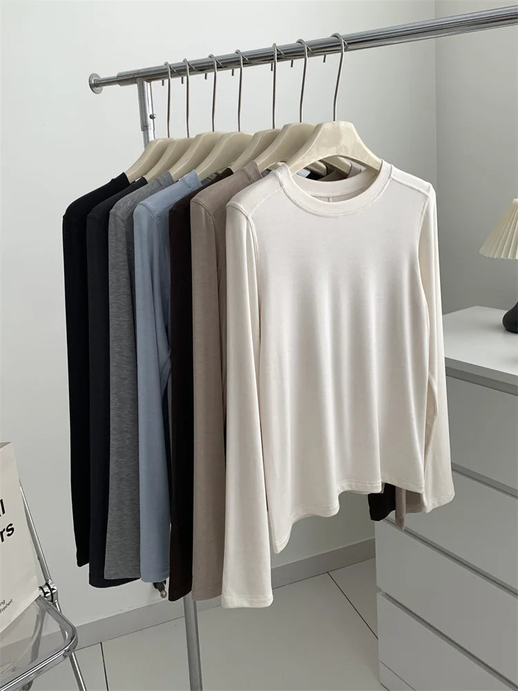 Camiseta de manga larga para mujer, de seda y lana empalmada, top fino, suave, ceroso, de color liso, para primavera y verano.