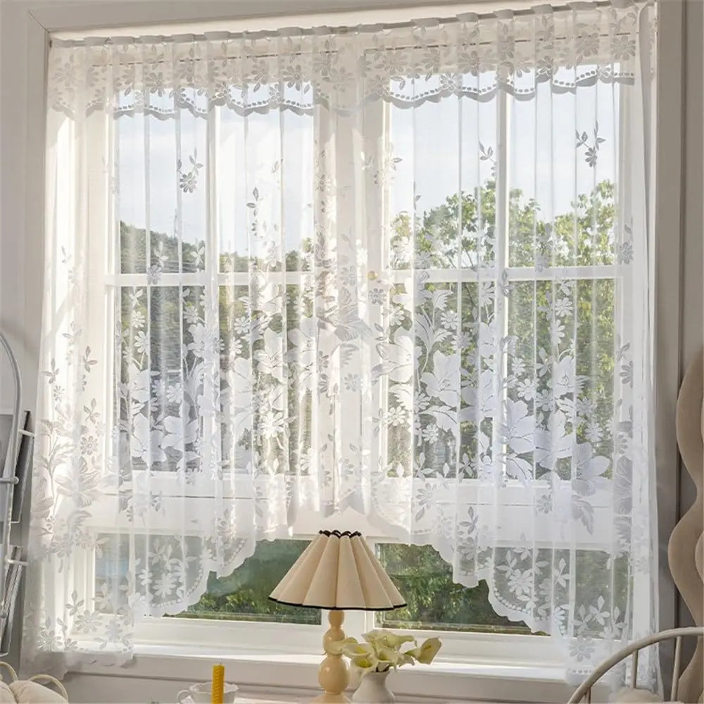 Rideau triangulaire transparent à fleurs blanches, demi-rideau pour petite fenêtre de cuisine, drapé de poche pour tringle de décoration de pays français
