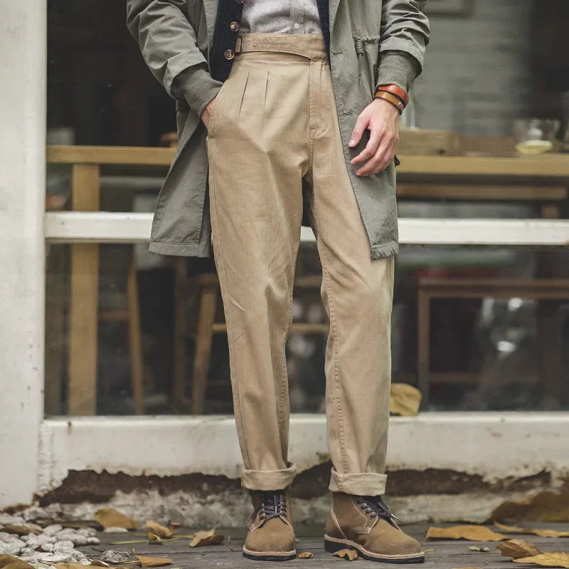 Maden Vintage Khaki Gurkha Pants Adjustable High Waist Casual Cargo Classic Work Trousers Straight Leg Men Spring and Autumn
