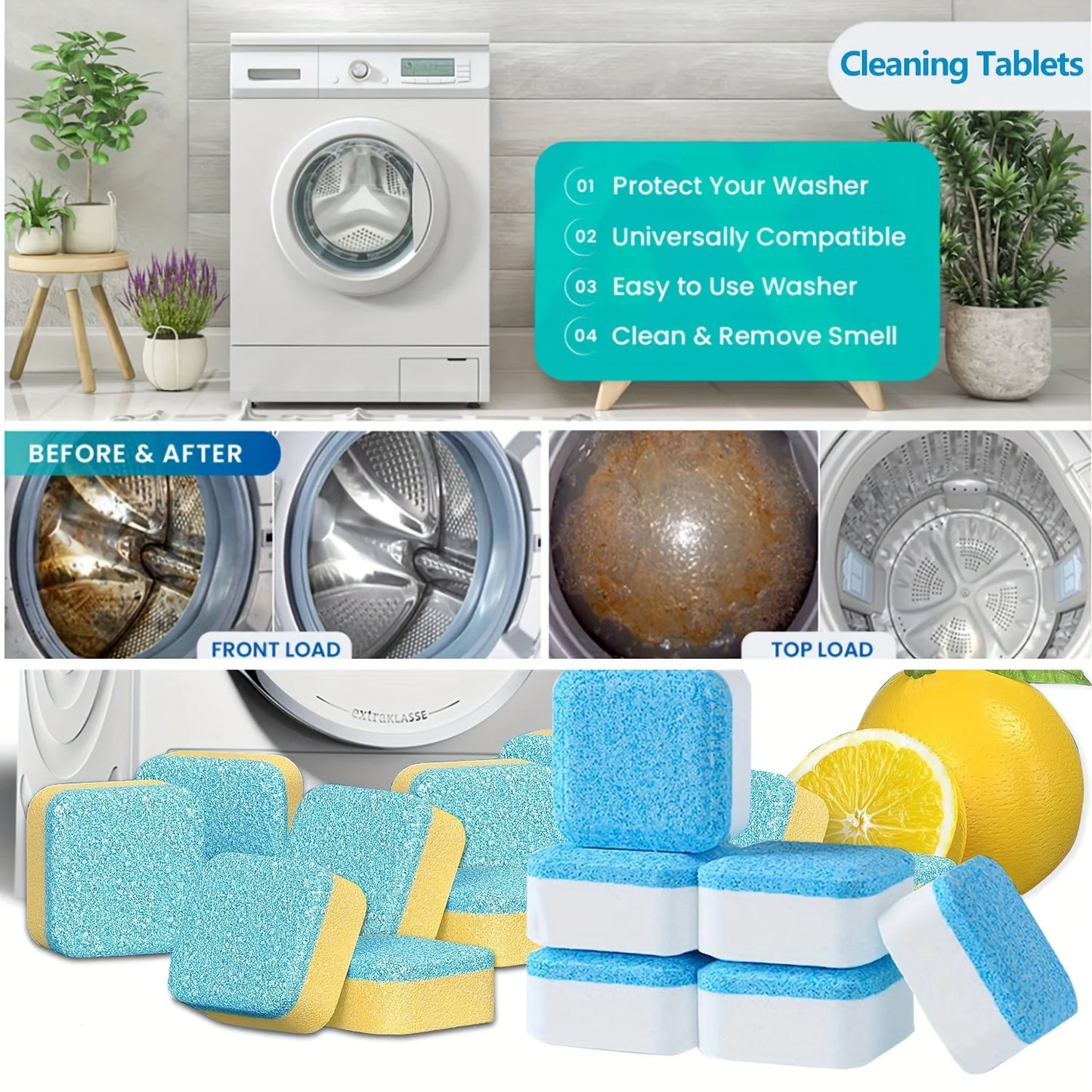 Washing Machine Cleaner Tablets 5/25/35 Units, Lemon Scent, Deep Cleaning, Dirt Remover, Drum & Tub Cleaner for Clean Washing Machines