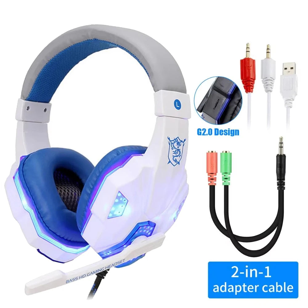 Casque de jeu avec micro et lumière LED — PC, portable, téléphone, filaire, stéréo, 3.5mm, cadeaux