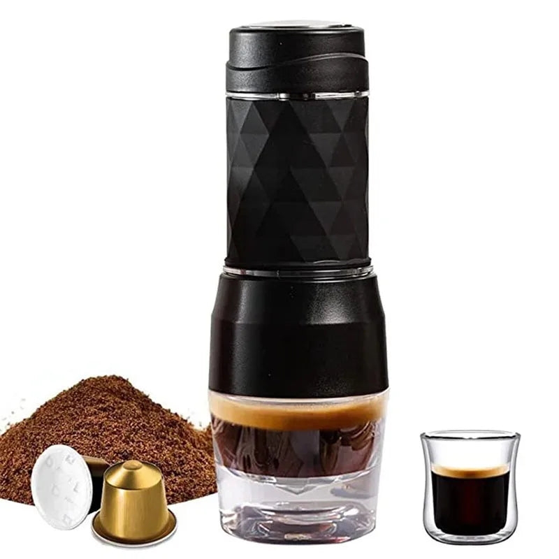 Cafelffe 3 en 1 Máquina de café portátil de agua caliente/fría, cafetera manual de espresso para cápsulas y café molido, cafetera de prensa manual para senderismo y viajes