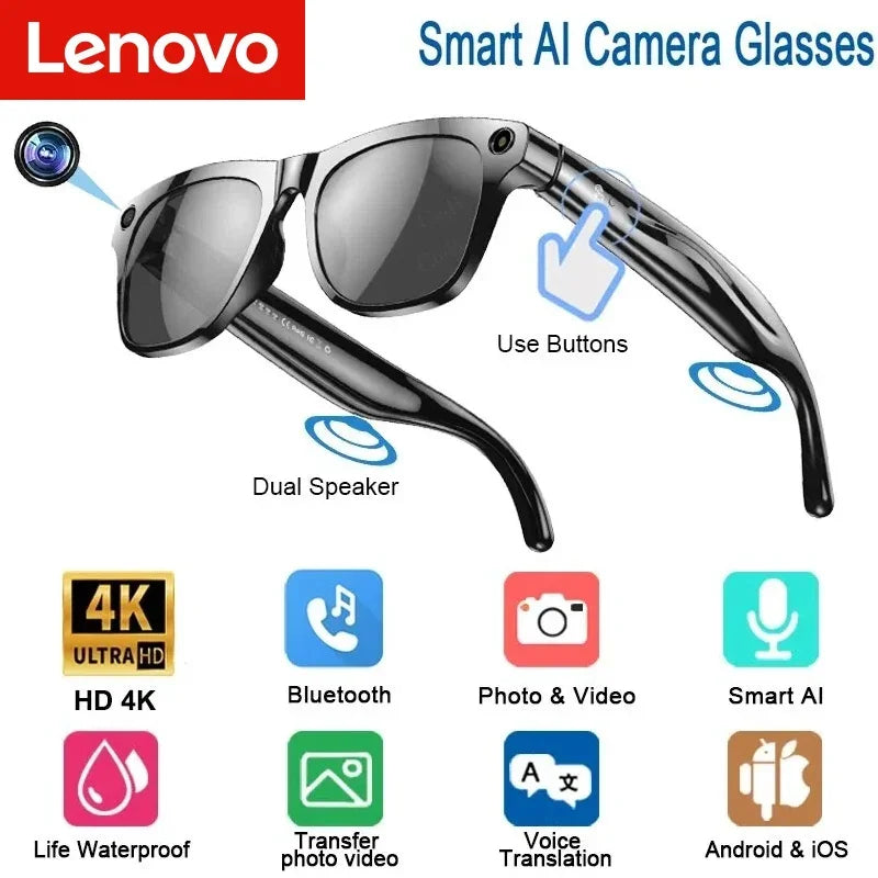 Lenovo HD 4K AI Smart Glasses ChatGPT 100MP Camera Bluetooth Call 260Mah Battery Music Voice Assistant Control Smart Glasses