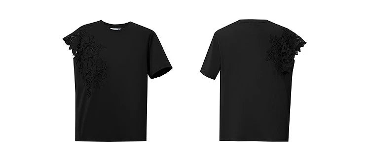 T-shirt femme 2026 été — col rond, coton, anti-transpiration, dentelle asymétrique, ample, manches courtes